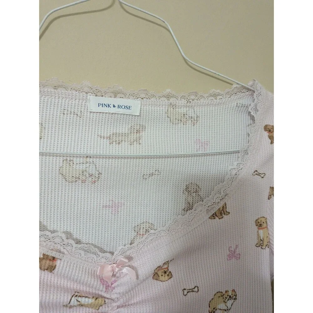 Pink Dog Print Pointelle Crop Top Lace Trim Girly Coquette Long Sleeve